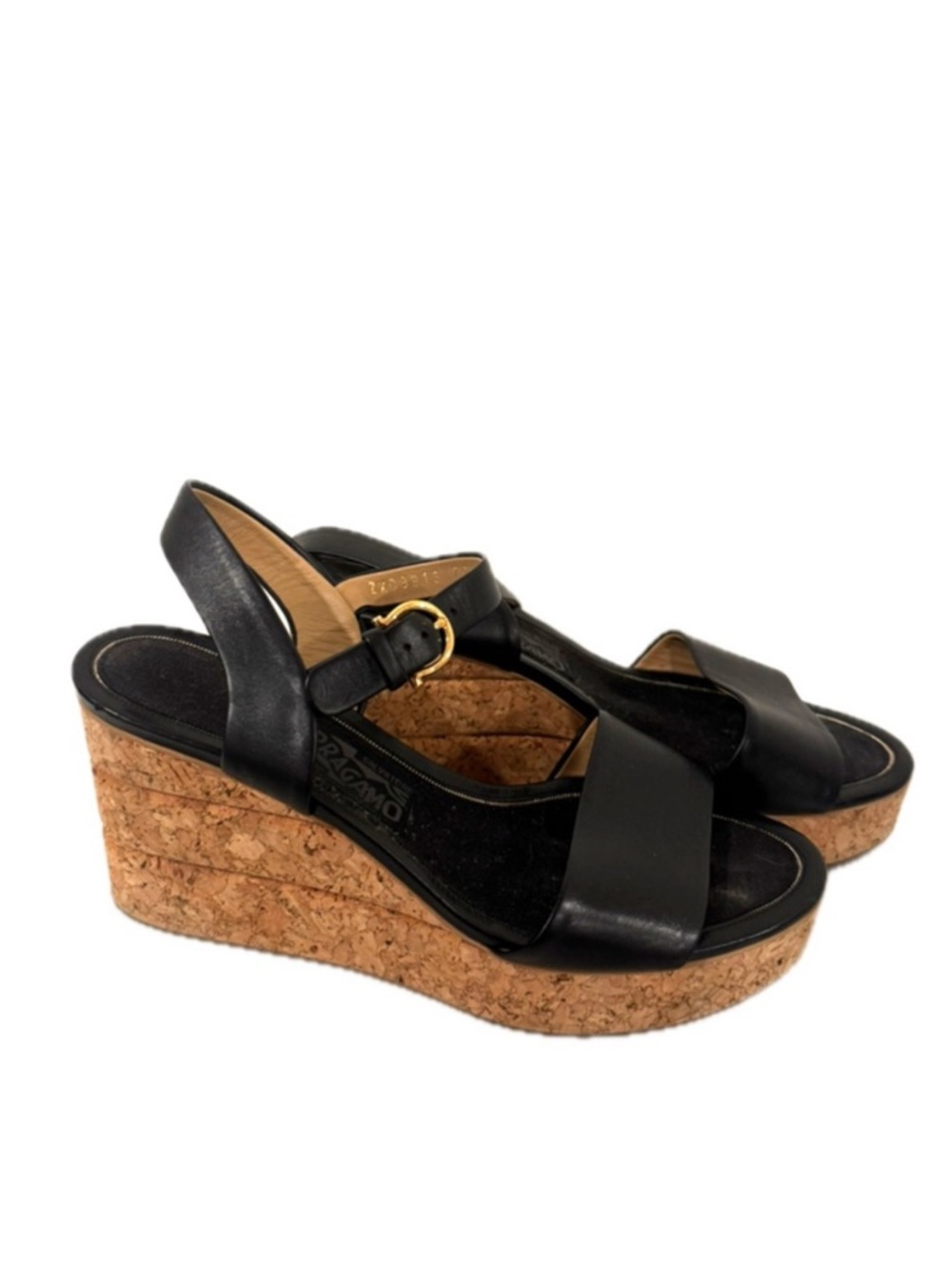 Salvatore Ferragamo Black Leather Cork Wedge Sandals